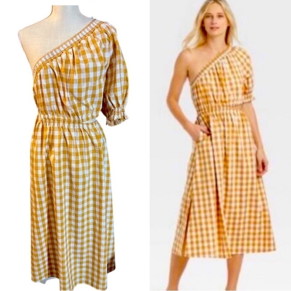 Who What Wear COTTON One Shoulder Cut Out MUSTARD YELLOW GINGHAM Dress
